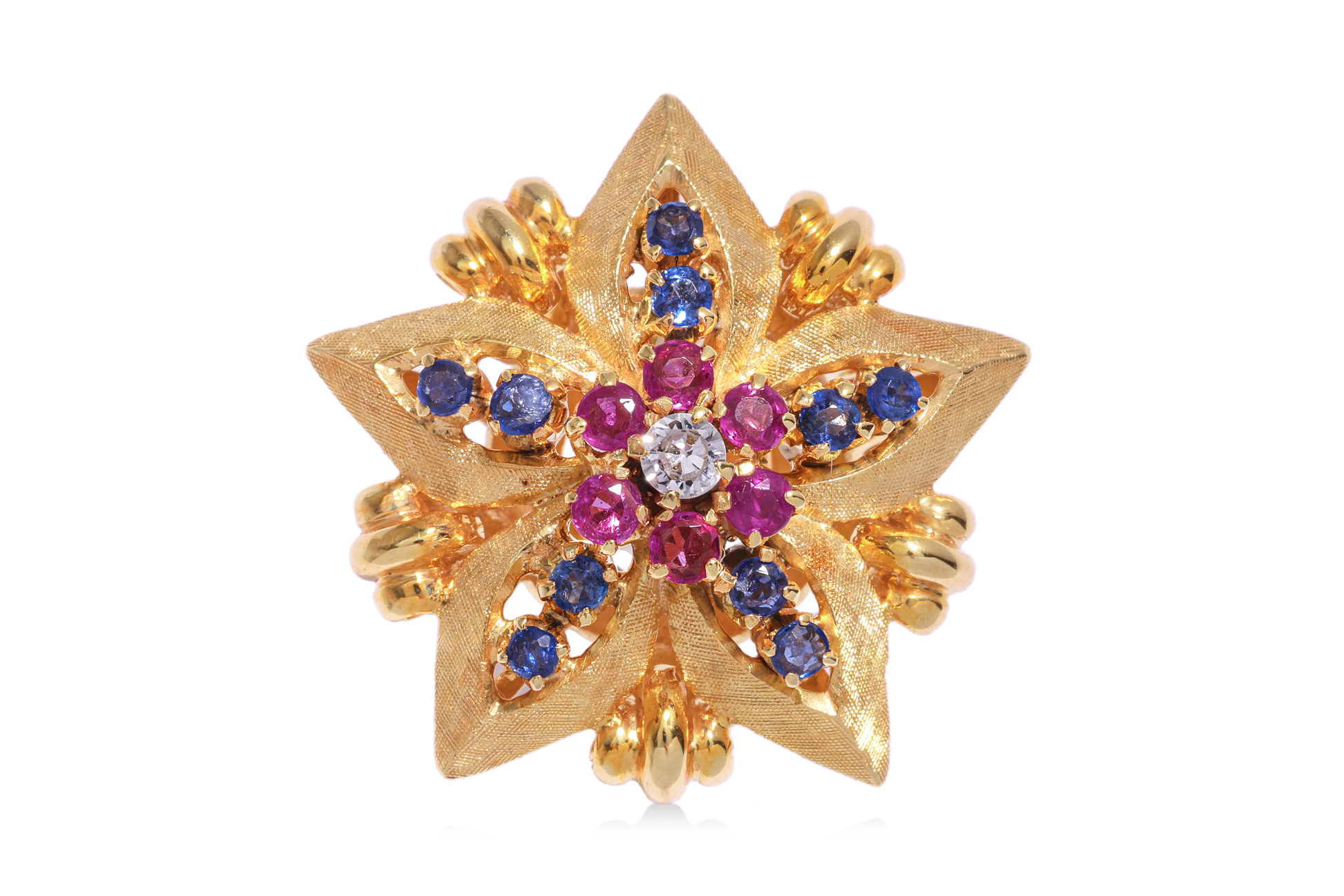 A RUBY, SAPPHIRE AND DIAMOND TEXTURED GOLD RING - Image 2 of 3