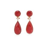 A PAIR OF RED CORAL AND DIAMOND DROP EARRINGS