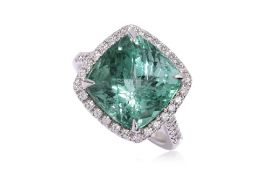 A BLUISH-GREEN TOURMALINE AND DIAMOND RING