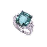 A LARGE BLUISH-GREEN TOURMALINE AND DIAMOND RING