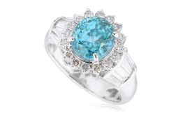 A BLUE ZIRCON AND DIAMOND RING