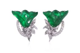 A PAIR OF CARVED TYPE A JADEITE AND DIAMOND EARRINGS