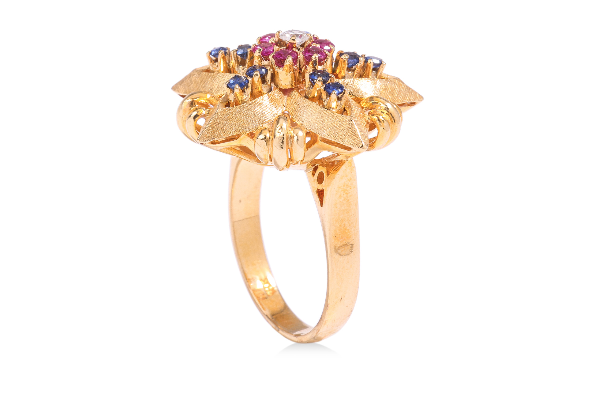 A RUBY, SAPPHIRE AND DIAMOND TEXTURED GOLD RING - Image 3 of 3