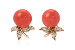 A PAIR OF CORAL AND DIAMOND EARRINGS