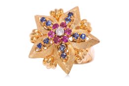 A RUBY, SAPPHIRE AND DIAMOND TEXTURED GOLD RING