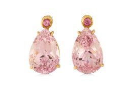 A PAIR OF LARGE KUNZITE AND PINK SAPPHIRE EARRINGS