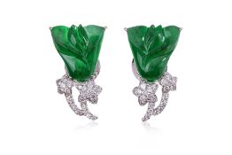 A PAIR OF CARVED TYPE A JADEITE AND DIAMOND STUD EARRINGS