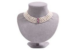A RUBY, DIAMOND AND AKOYA CULTURED PEARL CHOKER AND BRACELET SET