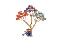 A TURQUOISE, LAPIS LAZULI, AGATE AND ENAMEL FIGURAL BROOCH