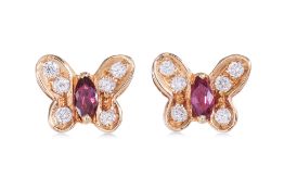 A PAIR RUBY AND DIAMOND 'BUTTERFLY' STUD EARRINGS