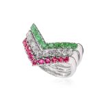A SET OF DIAMOND, RUBY AND EMERALD STACKING RINGS