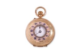 A GOLD AND ENAMEL LADIES HALF HUNTER FOB WATCH