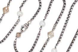 DAVID YURMAN - A SILVER CABLE CHAIN NECKLACE WITH FAUX PEARL AND 14K ACCENTS