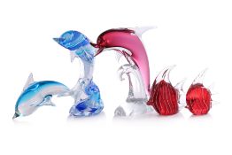 A GROUP OF FIVE ART GLASS MARINE FIGURES