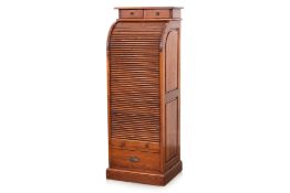 A TAMBOUR FRONTED TEAK CABINET
