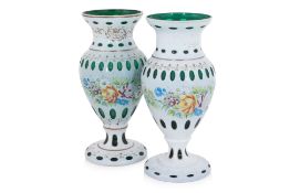 A PAIR OF LARGE WHITE OVERLAY AND FLORAL DECORATED GLASS VASES