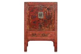 A SMALL CHINESE RED LACQUERED SIDE CABINET