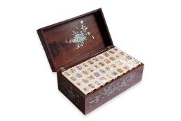 A MAHJONG SET WITH MOTHER OF PEARL INLAID HARDWOOD BOX