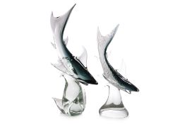 TWO LARGE MID CENTURY ART GLASS SHARK FIGURES