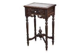 A MARBLE INSET CARVED TEAK SIDE TABLE