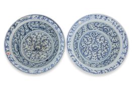 TWO BLUE AND WHITE 'SWEET PEA' BASINS