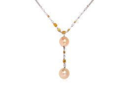 A SOUTH SEA GOLDEN CULTURED PEARL, YELLOW SAPPHIRE AND DIAMOND NECKLACE