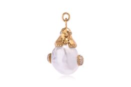 A BAROQUE CULTURED PEARL AND DIAMOND 'ROOSTER' PENDANT