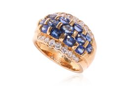 A SAPPHIRE AND DIAMOND FIVE ROW RING