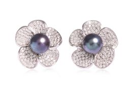 A PAIR OF TAHITIAN SOUTH SEA CULTURED PEARL AND DIAMOND 'FLOWER' STUD EARRINGS
