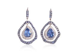 A PAIR OF SAPPHIRE AND DIAMOND HOOP EARRINGS