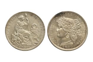 PERU REPUBLIC 5 PESETAS 1880; 1 SOL 1914 (2)