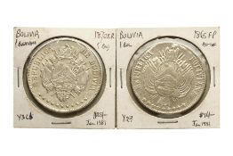 BOLIVIA REPUBLIC 1 BOLIVIANA 1865; 1870 (2)