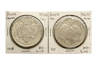 BOLIVIA REPUBLIC 1 BOLIVIANA 1865; 1870 (2)