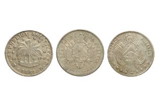 BOLIVIA REPUBLIC, 8 SOLES 1861; 1 BOLIVIANO 1864; 1870 (3)
