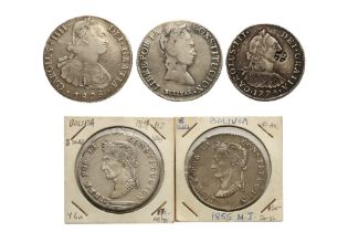 BOLIVIA CHARLES III AND LATER - ASSORTED COINAGE (5)