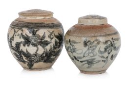 TWO BLUE AND WHITE JARS AND COVERS