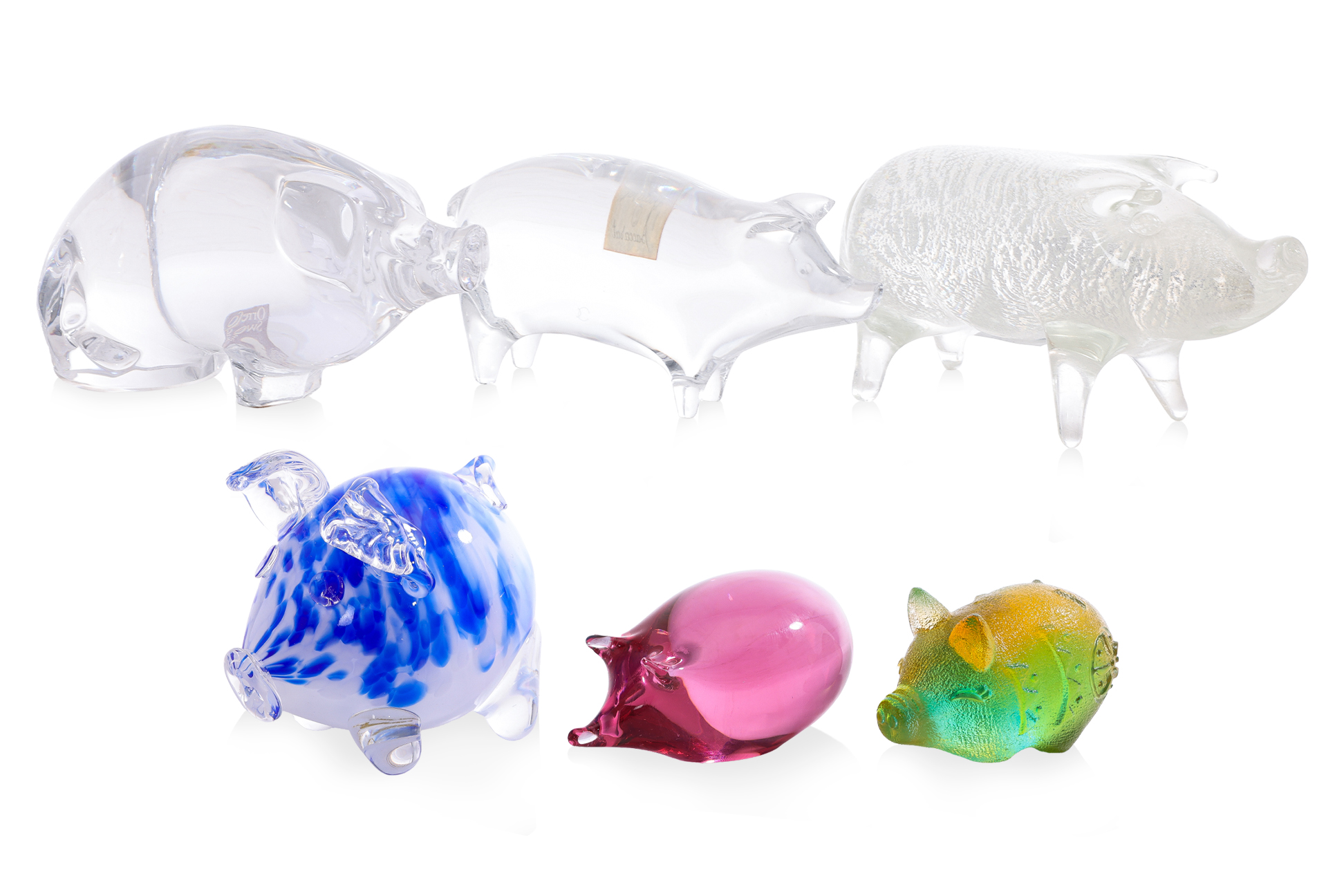 A GROUP OF SIX BACCARAT, ORREFORS AND OTHER GLASS MODELS OF PIGS