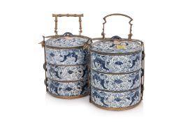 A PAIR OF BLUE AND WHITE TIFFIN BOXES