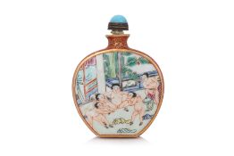 A FAMILLE ROSE EROTIC SUBJECT PORCELAIN SNUFF BOTTLE