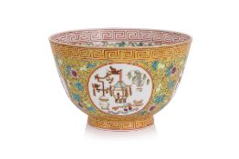 A YELLOW GROUND FAMILLE ROSE MEDALLION BOWL