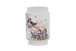 A FAMILLE ROSE BIRD AND FLOWER VASE