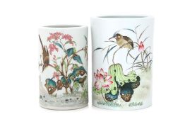 TWO FAMILLE ROSE 'BIRD AND FLOWER' BRUSH POTS