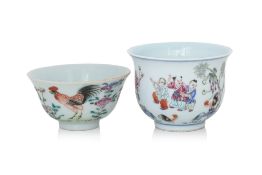 TWO FAMILLE ROSE 'CHICKEN' TEA BOWLS
