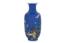 A POWDER BLUE QUAIL DECORATED BALUSTER VASE