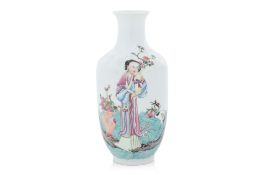 A FAMILLE ROSE 'LADY AND CRANE' DECORATED VASE