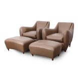 A PAIR OF MATTHEW HILTON 'BALZAC' ARMCHAIRS WITH MATCHED OTTOMAN