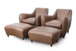 A PAIR OF MATTHEW HILTON 'BALZAC' ARMCHAIRS WITH MATCHED OTTOMAN