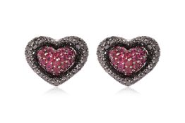 A PAIR OF RUBY AND DIAMOND HEART EARRINGS