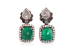 A PAIR OF EMERALD AND DIAMOND EARRINGS