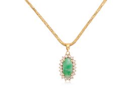 A JADEITE AND DIAMOND PENDANT ON A HIGH KARAT GOLD CHAIN